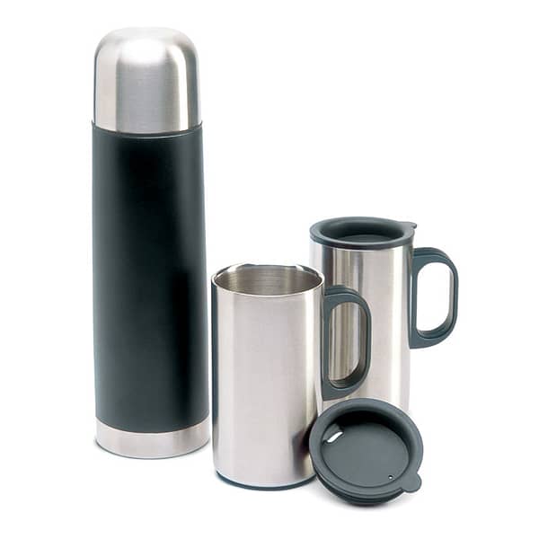 Thermos with logo set ISOSET Double wall stainless steel insulating vacuum flask and 2 pieces 220 ml mugs with logo. Capacity: 500 ml. Available color: Black Dimensions: Ø6,5X24,5CM Height: 24.5 cm Diameter: 6.5 cm Volume: 6.93 cdm3 Gross Weight: 0.876 kg Net Weight: 0.553 kg Magnus Business Gifts is your partner for merchandising, gadgets or unique business gifts since 1967. Certified with Ecovadis gold!