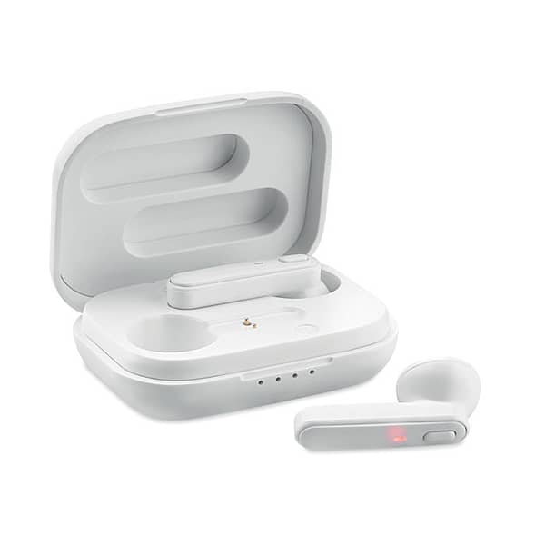 Audio gadget with logo Bluetooth earbuds JAZZ Audio gadget with logo, Set of 2 Bluetooth earbuds 5.0  with 30 mAh battery built-in. Playing time approx. 3 hours. Including a micro USB charging cable and a 185 mAh charging station. Available color: White Dimensions: 6X4,5X2,3 CM Width: 4.5 cm Length: 6 cm Height: 2.3 cm Volume: 0.2 cdm3 Gross Weight: 0.061 kg Net Weight: 0.047 kg Depending on the surface we can use embroidery, engraving, 360° imprint or screen print.