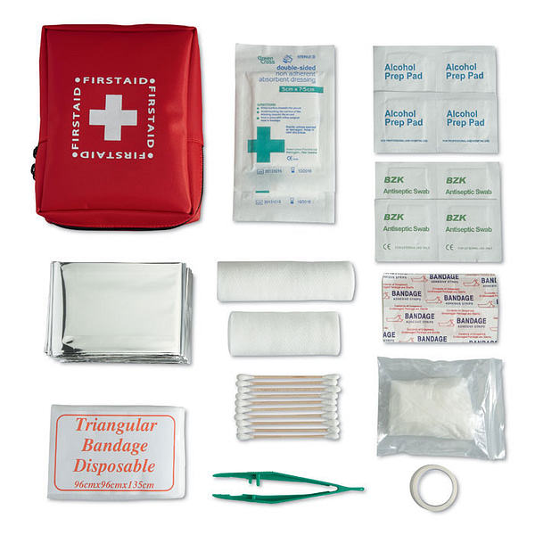Gadget with logo first aid kit KARLA Gadget with logo first aid kit presented in 230D pouch. Includes 1 emergency blanket and tweezers, 10 cotton tips, 1 pair gloves, 2 wound pad,                                                                                                                                                                                                1 adhesive tape and triangular bandage, 4 adhesive bandages, 6 alcohol-free wipes, 1short and long bandage.  Depending on the surface we can use embroidery, engraving, 360° imprint or screen print.