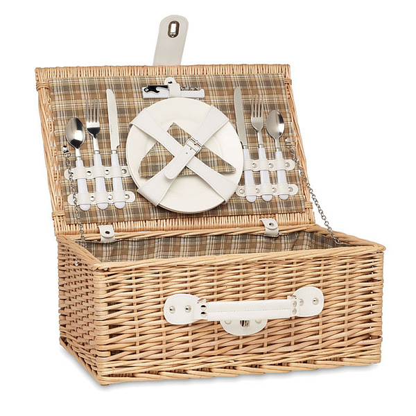 Beach gadget with logo picnic basket MIMBRE Beach gadget with logo wicker 2 person picnic basket set. Comes with 1 bottle opener, 2 stainless steel spoons, forks and knives, 2 ceramic plates, 2 glasses and 2 poly cotton napkins. Depending on the surface we can use embroidery, engraving, 360Â° imprint or screen print.