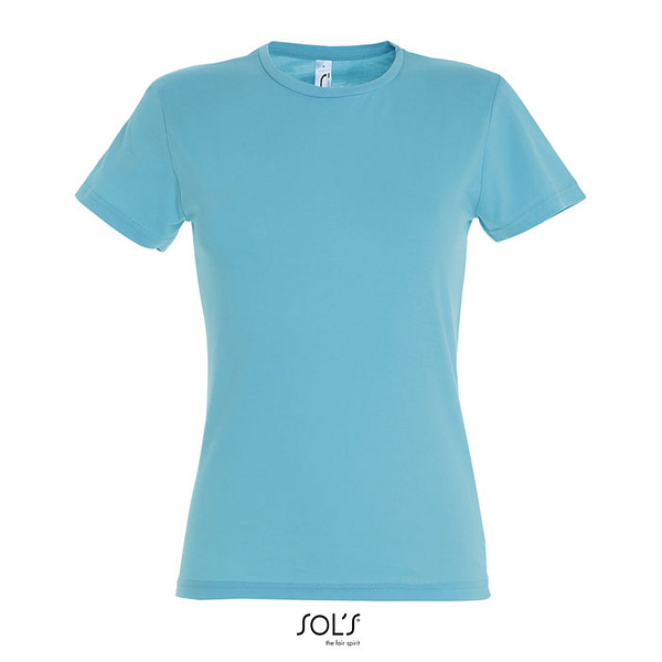 MISS women's t-shirt with logo T-shirt with logo comes in 24 colors and with its fitted cut is extremely popular across the European market. Reinforced taped neck, modern fitted cut with sewn fit with side seam and slim collar. Fabric details: 150g/m² in 100% semi-combed ring spun cotton. OEKO-TEX. T-shirt only sold with print We use different printing techniques to add your logo. Depending on the surface we can use embroidery, engraving, 360° imprint or screenprint.