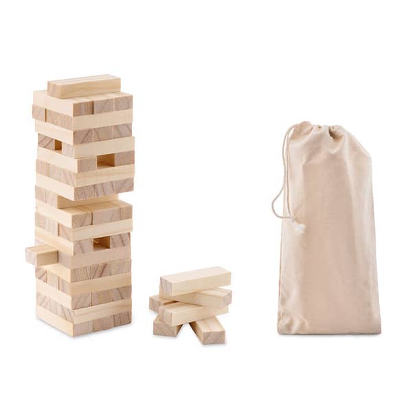 Gadget with logo Wooden game PISA Toppling tower game in wood(54 blocks) in cotton carrying pouch. Available color: Wood Dimensions: 5X5X17.5CM Width: 5 cm Length: 5 cm Height: 17.5 cm Volume: 0.743 cdm3 Gross Weight: 0.276 kg Net Weight: 0.27 kg Magnus Business Gifts is your partner for merchandising, gadgets or unique business gifts since 1967. Certified with Ecovadis gold!