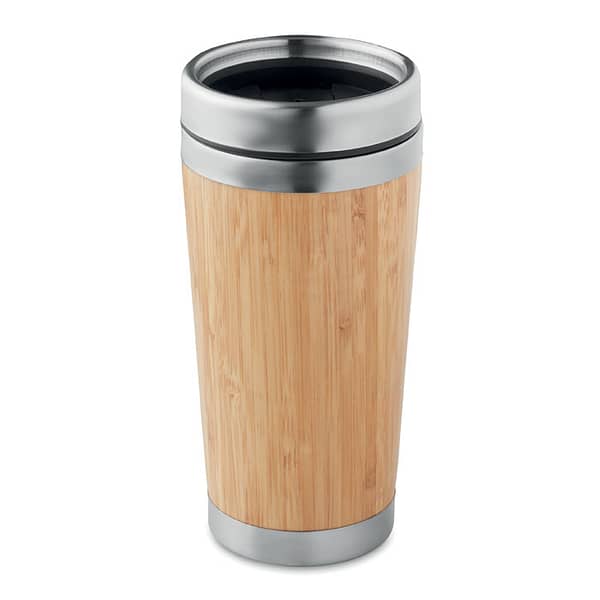 Tumbler with logo RODEODRIVE Tumbler with logo double wall stainless steel isotherm bottle. Bamboo cover and PP lid. Capacity: 400 ml. Available color: Wood Bamboo is a natural product, there may be slight variations in color and size per item. Dimensions: Ø8X17CM Height: 17 cm Diameter: 8 cm Volume: 1.742 cdm3 Gross Weight: 0.25 kg Net Weight: 0.168 kg Depending on the surface we can use embroidery, engraving, 360° imprint or screen print.