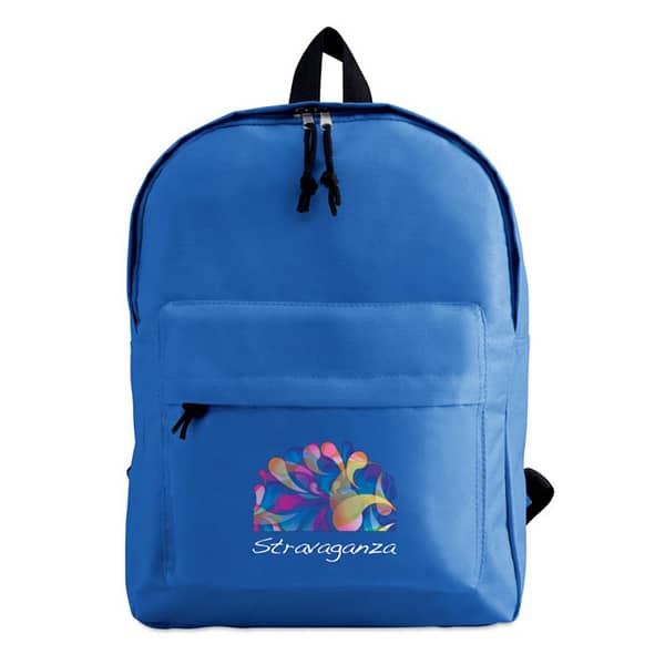 Backpack with logo BAPAL Backpack with logo in 600D polyester. Comes with outside pocket with zipper. Available colors: Royal Blue, Blue, Black, Red, White, Grey, Orange, Lime Depending on the surface we can use embroidery, engraving, 360° imprint or screen print.