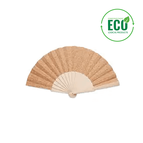 Gadget with logo hand fan FANNY . Manual hand fan with logo in wood with cork fabric sheeting. We use different printing techniques to add your logo. Depending on the surface we can use embroidery, engraving, 360° imprint or screen print.