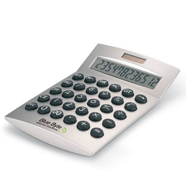 Gadget with logo calculator 12-digits Basics Gadget with logo 12-digits solar energy calculator with logo. Plastic housing. 1 cell battery included. Depending on the surface we can use embroidery, engraving, 360° imprint or screen print.