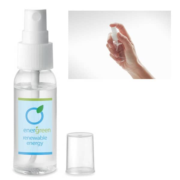 Gadget with logo Hand cleanser spray SPRAY Gadget with logo hand cleanser spray in PET refillable bottle. Capacity 30ml.70%-alcohol formulation. Made in EU. This product is classified as a cosmetic item. Depending on the surface we can use embroidery, engraving, 360° imprint or screen print.