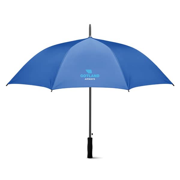 Gadget with logo Umbrella SWANSEA+ Gadget with logo 27 inch auto open umbrella in 190T polyester material and inside silver coating. With black plated metal shaft and ribs. Black plastic tips. Straight black EVA handle. Manual closure. Depending on the surface we can use embroidery, engraving, 360Â° imprint or screen print.