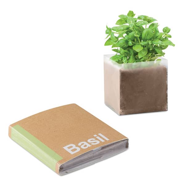 Gadget with logo Basil seeds BASIL PARSELY Gadget with logo basil seeds in a box By adding 300ml water you get 1 liter of garden compost Depending on the surface we can use embroidery, engraving, 360° imprint or screen print.