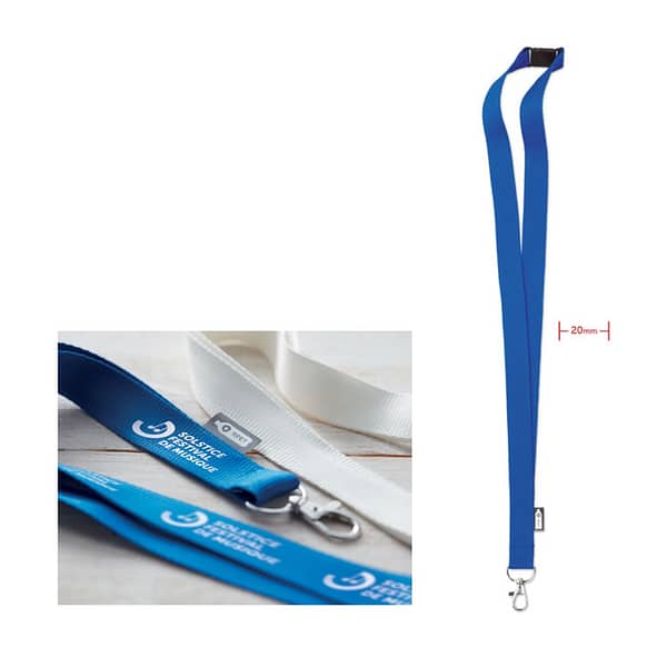 Lanyard with logo LANY RPET Lanyard with logo and metal hook 20 mm wide. Safety breakaway. Sublimation print available on white item only. We use different printing techniques to add your logo. Depending on the surface we can use embroidery, engraving, 360° imprint or screenprint.