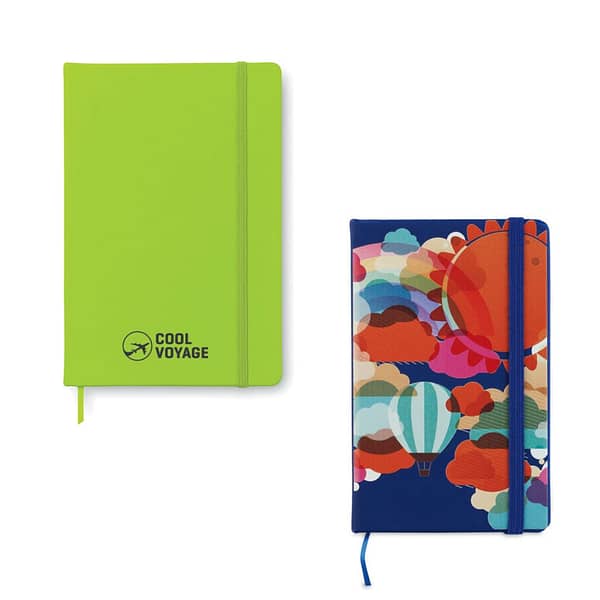 Notebook with logo ARCONOT A5 Notebook with logo and hard PU cover. Case-bound. 192 plain pages (96 sheets). Matching elastic closure strap and ribbon page-marker. Depending on the surface we can use embroidery, engraving, 360° imprint or screen print.
