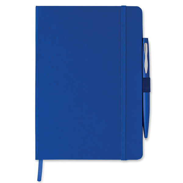 Notebook with logo NOTAPLUS A5 Notebook with logo and pen. Hard PU cover. Casebound. 144 lined pages (72 sheets). Matching elastic closure strap, ribbon bookmark and pen holder. Matching metal push button ball pen. Blue ink. Dimensions: 21X14,5X1,2CMWidth: 14.5 cmLength: 21 cmHeight: 1.2 cm Depending on the surface we can use embroidery, engraving, 360° imprint or screen print.