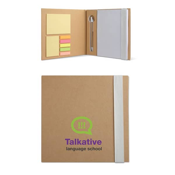 Notebook with logo QUINCY Notebook with logo and recycled carton cover. 100 plain sheets notepad. 3 piece sticky note memo pad. Large and medium yellow sticky notes pads and 5 assorted colors page markers. Matching push button ball pen with paper barrel. Pen holder. Elastic band close re. Dimensions: 18,5X18X1,8CM Width: 18 cm Length: 18.5 cm Height: 1.8 cm