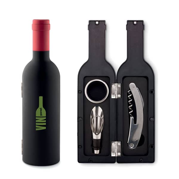 Wine accessoire with logo Bottle shape set SETTIE Wine set presented in bottle shaped box. With wine stopper, corkscrew and anti drip collar. Magnetic closing. Available color: Black Dimensions: Ã˜6X23CM Height: 23 cm Diameter: 6 cm Volume: 1.414 cdm3 Gross Weight: 0.265 kg Net Weight: 0.212 kg Magnus Business Gifts is your partner for merchandising, gadgets or unique business gifts since 1967. Certified with Ecovadis gold!