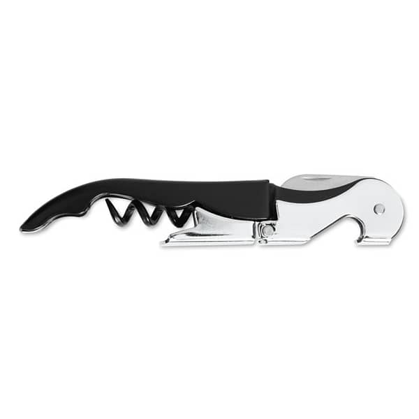 Wine accessoire with logo Bottle opener LUCY Stainless steel original waiter´s knife with double cork stand. Available color: Matt Silver, Black Dimensions: 12X1,5X1CM Width: 1.5 cm Length: 12 cm Height: 1 cm Volume: 0.074 cdm3 Gross Weight: 0.054 kg Net Weight: 0.047 kg Magnus Business Gifts is your partner for merchandising, gadgets or unique business gifts since 1967. Certified with Ecovadis gold!