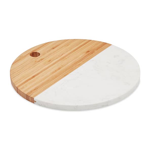 Gadget with logo ApÃ©ro board HANNSU ApÃ©ro board in marble and bamboo. Circular shape. This circular ApÃ©ro board or cheese platter has a luxurious and premium look thanks to the white marble. The bamboo part gives it a more natural look. Bamboo is a natural product, there may be slight variations in colour and size per item, which can affect the final decoration outcome. Available color: Wood Dimensions: Ã˜25X1CM Height: 1 cm Diameter: 25 cm Volume: 2.3 cdm3 Gross Weight: 1.185 kg Net Weight: 1.058 kg Magnus Business Gifts is your partner for merchandising, gadgets or unique business gifts since 1967. Certified with Ecovadis gold!