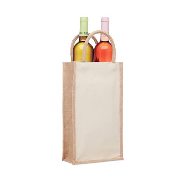 Wine accessoire with logo Tote bag CAMPO DI VINO DUO Wine gift bag for two bottles in jute and 320 gr/mÂ² canvas. Surprise someone special with a pair of delicious wines. Presented in this high quality gift bag, your gift wil definitely be appreciated. Wine bottles are not included. Available color: Beige Dimensions: 20X10X35CM Width: 10 cm Length: 20 cm Height: 35 cm Volume: 1.78 cdm3 Gross Weight: 0.24 kg Net Weight: 0.16 kg Magnus Business Gifts is your partner for merchandising, gadgets or unique business gifts since 1967. Certified with Ecovadis gold!