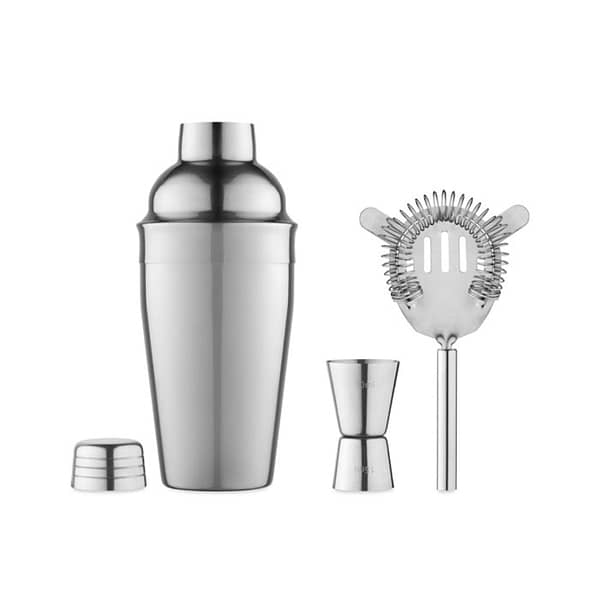 Gadget with logo Cocktail set FIZZ Stainless steel cocktail set with logo. Including 500 ml shaker, measuring jug and sieve. Available color: Shiny Silver Dimensions: 26,5X23,5X9 CM Width: 23.5 cm Length: 26.5 cm Height: 9 cm Volume: 7.103 cdm3 Gross Weight: 0.61 kg Net Weight: 0.328 kg Magnus Business Gifts is your partner for merchandising, gadgets or unique business gifts since 1967. Certified with Ecovadis gold!