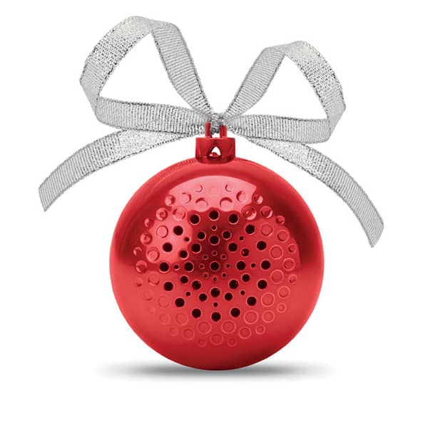Christmas gadget with logo Speaker JINGLE BALL 5.0 wireless christmas bauble speaker in ABS. Easy connection with any wireless enabled device. Rechargeable Li-ion 300mAh battery. Includes USB charging cable. Output data: 3W and 4 Ohm. Operating range: 10 m. Available color: Red Dimensions: Ã˜7 CM Diameter: 7 cm Volume: 0.768 cdm3 Gross Weight: 0.166 kg Net Weight: 0.122 kg Magnus Business Gifts is your partner for merchandising, gadgets or unique business gifts since 1967. Certified with Ecovadis gold!