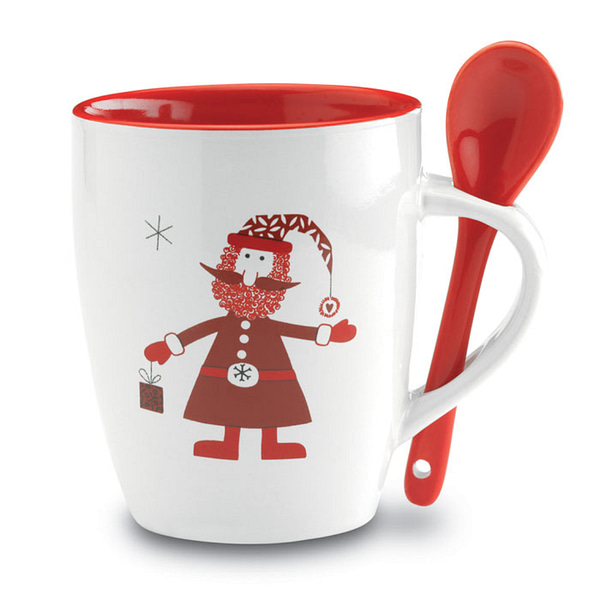 Christmas gadget with logo Mug CLAUS Ceramic mug with integrated spoon with Santa Claus decoration. Individual matching design gift box. Available color: Multicolor Dimensions: Ø8X10 CM Height: 10 cm Diameter: 8 cm Volume: 1.454 cdm3 Gross Weight: 0.358 kg Net Weight: 0.345 kg Magnus Business Gifts is your partner for merchandising, gadgets or unique business gifts since 1967. Certified with Ecovadis gold!