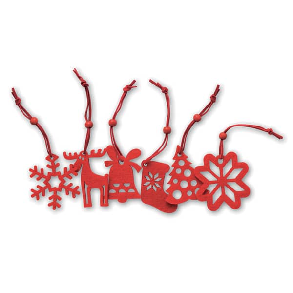 Christmas gadget Tree hangers ROUGE Set of 6 red felt tree hangers in 6 different designs: tree, snowflake, bell, boot, poinsettia and reindeer. Available color: Red Dimensions: 6 CM Length: 6 cm Volume: 0.151 cdm3 Gross Weight: 0.013 kg Net Weight: 0.006 kg Magnus Business Gifts is your partner for merchandising, gadgets or unique business gifts since 1967. Certified with Ecovadis gold!