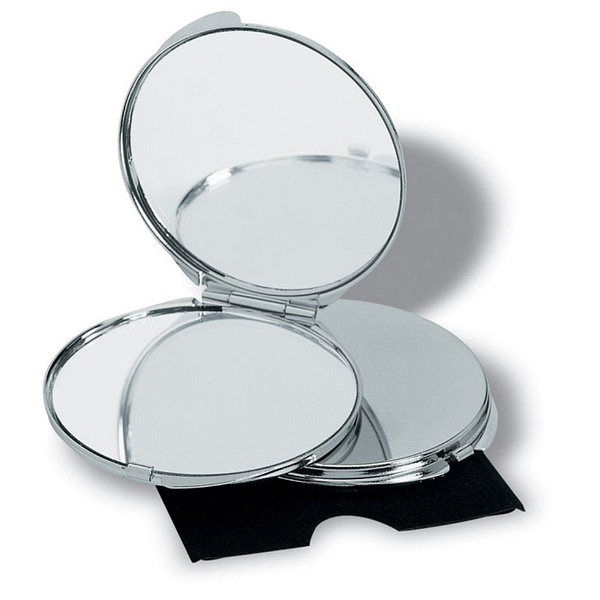 Gadget with logo Mirror GUAPAS Chrome plated metal make up mirror  with logo with regular and magnifying mirrorsin velvet case. Available color: Shiny Silver Dimensions: Ø6X0,5 CM Height: 0.5 cm Diameter: 6 cm Volume: 0.108 cdm3 Gross Weight: 0.053 kg Net Weight: 0.045 kg Magnus Business Gifts is your partner for merchandising, gadgets or unique business gifts since 1967. Certified with Ecovadis gold!