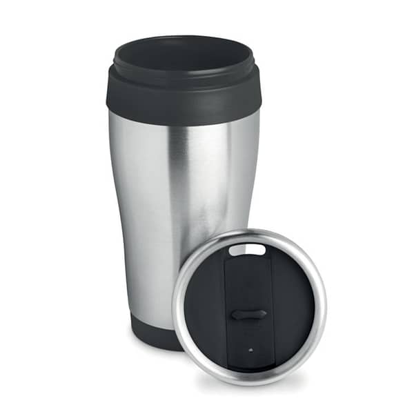 Cup with logo TRAM Double wall stainless steel travel cup with inner PP and lid with logo. Capacity:455 ml. Available color: Black Dimensions: Ã˜8X16.5CM Height: 16.5 cm Diameter: 8 cm Volume: 1.542 cdm3 Gross Weight: 0.22 kg Net Weight: 0.191 kg Magnus Business Gifts is your partner for merchandising, gadgets or unique business gifts since 1967. Certified with Ecovadis gold!