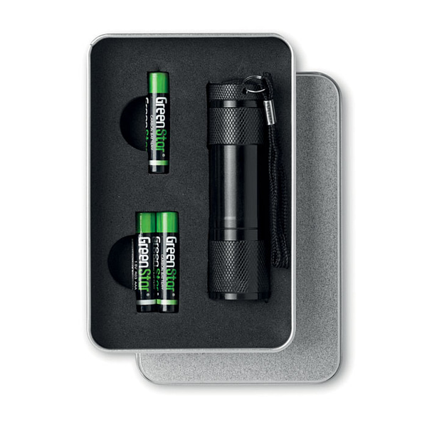 Gadget with logo Torch LED PLUS 9 LED aluminium torch with logo. Delivered with 3xAAA batteries and a detachable strap. Presented in tin box. Available color: Black Dimensions: Ã˜2,5X8,5 CM Height: 8.5 cm Diameter: 2.5 cm Volume: 0.8 cdm3 Gross Weight: 0.197 kg Net Weight: 0.152 kg Magnus Business Gifts is your partner for merchandising, gadgets or unique business gifts since 1967. Certified with Ecovadis gold!