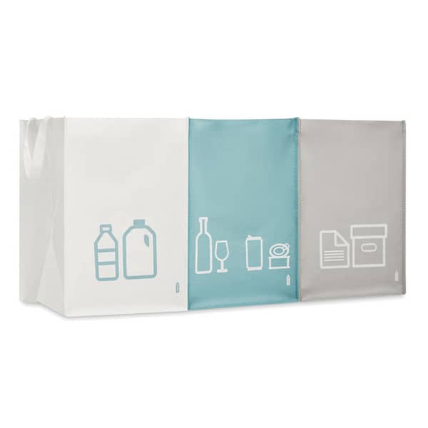 Gadget with logo 3in 1 waste bin THREE BIN Set of 3 RPET non woven laminated recycling bin bags with logo with handles to separate paper, plastic, metal and glass. The bags are connected via hook and loop closure so can be used individually or together. Available color: Multicolor Dimensions: 45X30X30CM Width: 30 cm Length: 45 cm Height: 30 cm Volume: 1.993 cdm3 Gross Weight: 0.348 kg Net Weight: 0.323 kg Magnus Business Gifts is your partner for merchandising, gadgets or unique business gifts since 1967. Certified with Ecovadis gold!