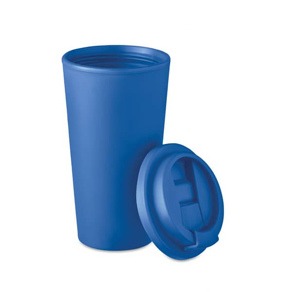 Tumbler with logo TUESDAY Double wall tumbler in PP with logo . Capacity: 475 ml. Bring your favourite coffee, tea or other hot drink with you with this tumbler. It will keep your drink hot or cold, so you can enjoy it throughout the day. Available color: Blue, Black, White Dimensions: Ã˜9X17CM Height: 17 cm Diameter: 9 cm Volume: 1.866 cdm3 Gross Weight: 0.144 kg Net Weight: 0.128 kg Magnus Business Gifts is your partner for merchandising, gadgets or unique business gifts since 1967. Certified with Ecovadis gold!