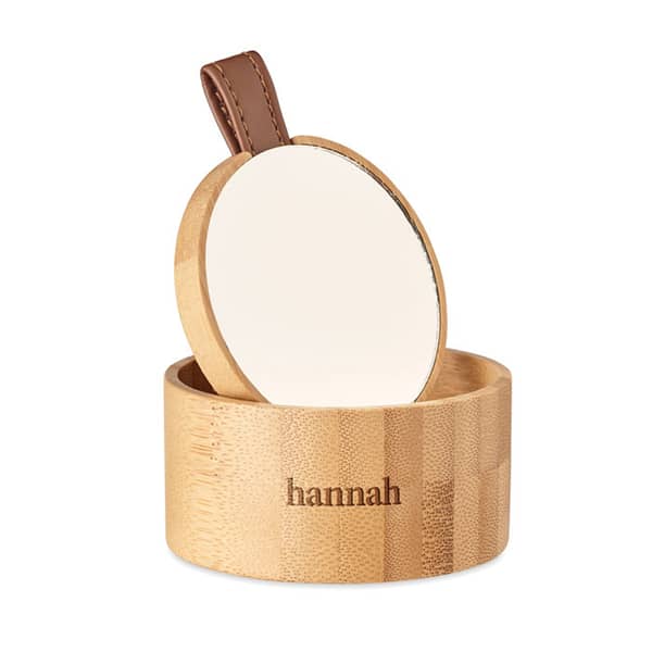 Gadget with logo Mirror jewellery box TREASURE Small bamboo jewellery box with logo with detachable mirror. Keep your earrings, bracelets, necklaces and rings safely stored away in this stylish and natural looking jewellery box. The inside of the lid has a small mirror. Bamboo is a natural product, there may be slight variations in colour and size per item, which can affect the final decoration outcome. Available color: Bamboo Dimensions: Ã˜8X4CM Height: 4 cm Diameter: 8 cm Volume: 0.43 cdm3 Gross Weight: 0.1 kg Net Weight: 0.077 kg Magnus Business Gifts is your partner for merchandising, gadgets or unique business gifts since 1967. Certified with Ecovadis gold!