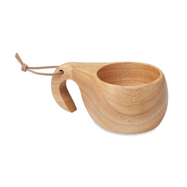 Cup with logo INDY Full oak outdoor cup with logo with hanging cord. Capacity: 120 ml. This cup is inspired by popular Nordic and Scandinavian design for the outdoors. Serve your favourite drink while being out in nature on a hike or camping. You can hang the cup on your backpack or in your kitchen by the cord. It is completely made from oak wood, giving it a beautiful natural look. Oak wood is a natural product, there may be slight variations in colour and size per item, which can affect the final decoration outcome. The wood used is sustainably sourced. Available color: Wood Dimensions: 15X6CM Width: 6 cm Length: 15 cm Volume: 1.26 cdm3 Gross Weight: 0.21 kg Net Weight: 0.187 kg Magnus Business Gifts is your partner for merchandising, gadgets or unique business gifts since 1967. Certified with Ecovadis gold!