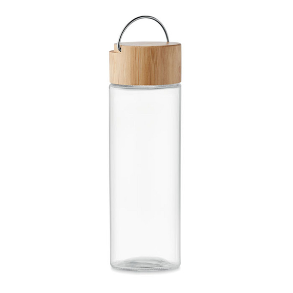 Water bottle with logo AMELAND Glass water bottle with logo with bamboo lid with handle. Capacity: 500 ml. Leak free. Stay hydrated throughout the day and carry this flask with you wherever you go. The handle can be attached to your bag for convenience. The bamboo lid gives the bottle a nice, natural touch. Bamboo is a natural product, there may be slight variations in colour and size per item, which can affect the final decoration outcome. Available color: Transparent Dimensions: Ã˜6X20.5CM Height: 20.5 cm Diameter: 6.5 cm Volume: 1.24 cdm3 Gross Weight: 0.34 kg Net Weight: 0.307 kg Magnus Business Gifts is your partner for merchandising, gadgets or unique business gifts since 1967. Certified with Ecovadis gold!