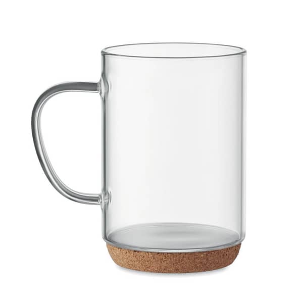 Mug with logo LISBO Borosilicate glass mug with logo with cork base. Capacity: 400 ml. Use this mug to drink your favourite coffee, tea or hot chocolate. The borosilicate glass is strong and can hold warm liquids. The unique cork detail on the bottom makes it stand out. Available color: Transparent Dimensions: Ø8X11,7 CM Height: 11.7 cm Diameter: 8 cm Volume: 1.575 cdm3 Gross Weight: 0.243 kg Net Weight: 0.192 kg Magnus Business Gifts is your partner for merchandising, gadgets or unique business gifts since 1967. Certified with Ecovadis gold!