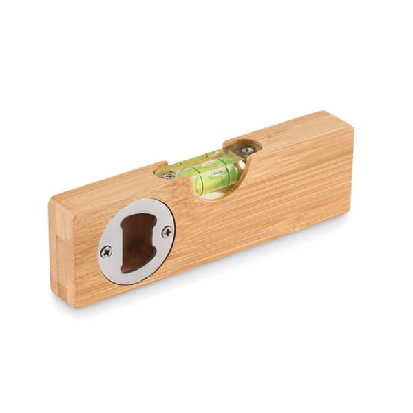 Gadget with logo Bottle opener SPIREN Spirit level in Bamboo with built in bottle opener with logo.  A very useful work tool for every handyman. Make sure your DIY projects are perfectly level. Once the work is finished, you can reward yourself with a fresh drink that you can open with the bottle opener. Bamboo is a natural product, there may be slight variations in colour and size per item, which can affect the final decoration outcome.  Available color: Wood Dimensions: 15X4,5X2CM Width: 4.5 cm Length: 15 cm Height: 2 cm Volume: 0.2 cdm3 Gross Weight: 0.12 kg Net Weight: 0.095 kg Magnus Business Gifts is your partner for merchandising, gadgets or unique business gifts since 1967. Certified with Ecovadis gold!
