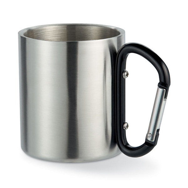 Mug with logo TRUMBO Double wall stainless steel mug with logo, with carabiner handle. Capacity: 220 ml. Available color: Green, Blue, Red, Black, Matt Silver Dimensions: Ø6,5X7,5 CM Height: 7.5 cm Diameter: 6.5 cm Volume: 0.829 cdm3 Gross Weight: 0.148 kg Net Weight: 0.102 kg Magnus Business Gifts is your partner for merchandising, gadgets or unique business gifts since 1967. Certified with Ecovadis gold!