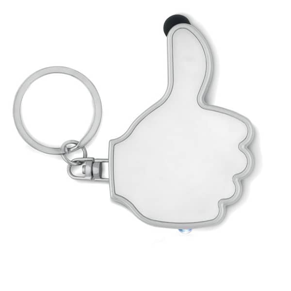 Gadget with logo Key ring GIOIA LED light and stylus key ring with logo in thumbs up shape. 3x AG3 batteries included. Available color: Royal Blue, White Dimensions: 4X1,2X5,5 CM Width: 1.2 cm Length: 4 cm Height: 5.5 cm Volume: 0.052 cdm3 Gross Weight: 0.016 kg Net Weight: 0.014 kg Magnus Business Gifts is your partner for merchandising, gadgets or unique business gifts since 1967. Certified with Ecovadis gold!