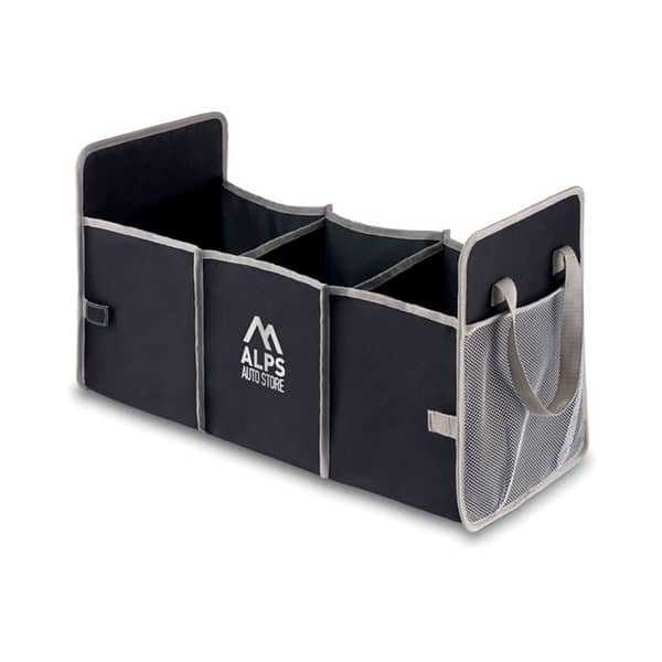 Gadget with logo Car ORGANIZER Foldable car organizer with logo in 600D polyester with mesh pocket on side. When not in use, you can fold this up for compact storage. Also, this makes driving safer as it will prevent items from possibly rolling under the drivers feet. Available color: Black Dimensions: 60X26X32CM Width: 26 cm Length: 60 cm Height: 32 cm Volume: 1.52 cdm3 Gross Weight: 0.39 kg Net Weight: 0.371 kg Magnus Business Gifts is your partner for merchandising, gadgets or unique business gifts since 1967. Certified with Ecovadis gold!