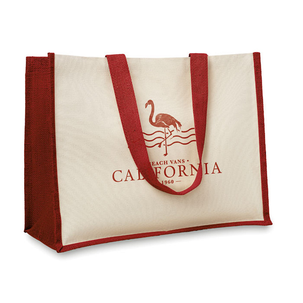 Gadget with logo Totebag CAMPO DE FIORI Jute shopping bag with logo laminated with front in canvas and cotton webbing. Long handles. Available color: Red, Black, Lime, Beige, Blue Dimensions: 42X19X33 CM Width: 19 cm Length: 42 cm Height: 33 cm Volume: 1.075 cdm3 Gross Weight: 0.255 kg Net Weight: 0.219 kg Magnus Business Gifts is your partner for merchandising, gadgets or unique business gifts since 1967. Certified with Ecovadis gold!