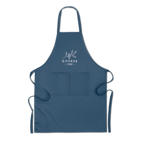 Gadget with logo Apron RAIPUR COLOUR Kitchen apron with 2 front pockets in 200 gr/mÂ² organic cotton. Produced under a certified standard for the use of harmful substances in textile. Available color: Blue, Black Dimensions: 65X90CM Width: 90 cm Length: 65 cm Volume: 0.46 cdm3 Gross Weight: 0.15 kg Net Weight: 0.137 kg Magnus Business Gifts is your partner for merchandising, gadgets or unique business gifts since 1967. Certified with Ecovadis gold!