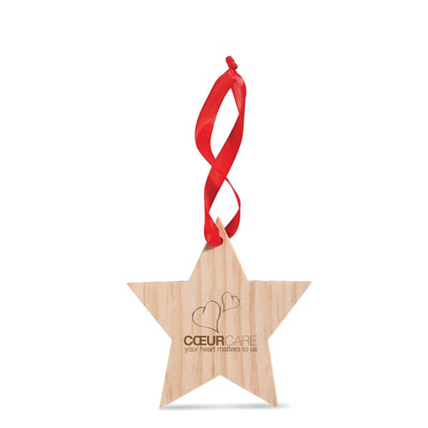 Christmas gadget with logo Wooden star WOOSTAR Wooden hanger star shaped with red ribbon. Available color: Wood Dimensions: 9.5X10X0.5CM Width: 10 cm Length: 9.5 cm Height: 0.5 cm Volume: 0.069 cdm3 Gross Weight: 0.013 kg Net Weight: 0.01 kg Magnus Business Gifts is your partner for merchandising, gadgets or unique business gifts since 1967. Certified with Ecovadis gold!