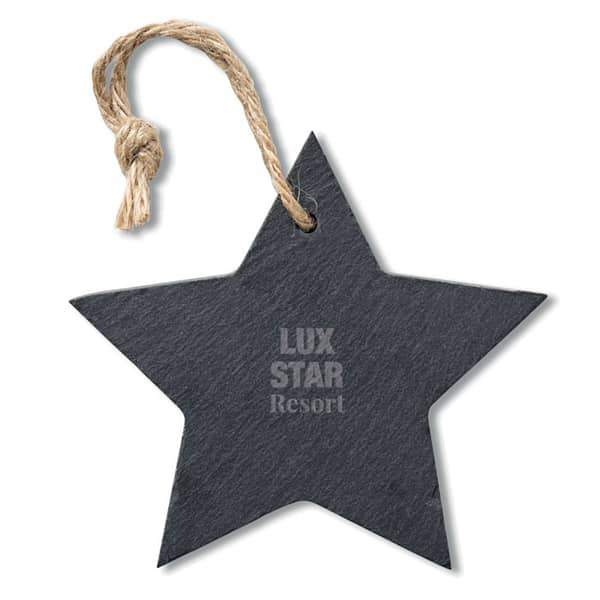 Christmas gadget with logo star hanger SLATESTAR Slate hanger star shaped with cord hanger. Available color: black Dimensions: 9.5X9.5X0.4CM Width: 9.5 cm Length: 9.5 cm Height: 0.4 cm Volume: 0.158 cdm3 Gross Weight: 0.063 kg Net Weight: 0.052 kg Magnus Business Gifts is your partner for merchandising, gadgets or unique business gifts since 1967. Certified with Ecovadis gold!