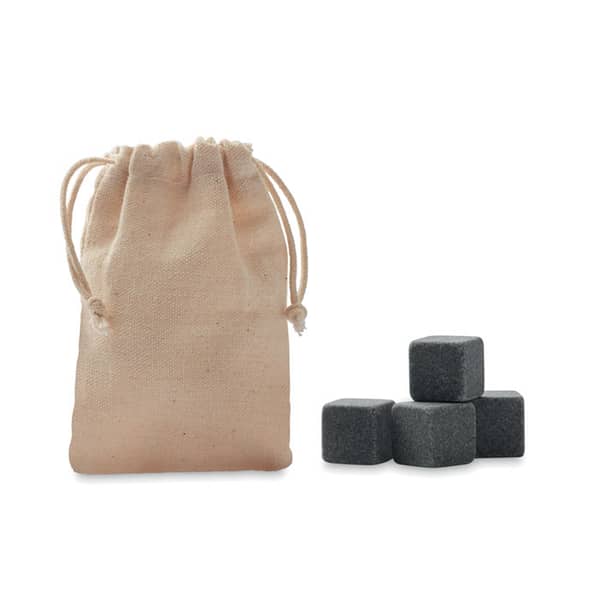 Gadget with logo Ice cubes ROCKS Set of 4 reusable stone ice cubes in handy storage cotton draw cord pouch. Dimensions: 8,5X2X11CM Width: 2 cm Length: 8.5 cm Height: 11 cm Volume: 0.121 cdm3 Gross Weight: 0.099 kg Net Weight: 0.091 kg Magnus Business Gifts is your partner for merchandising, gadgets or unique business gifts since 1967. Certified with Ecovadis gold!