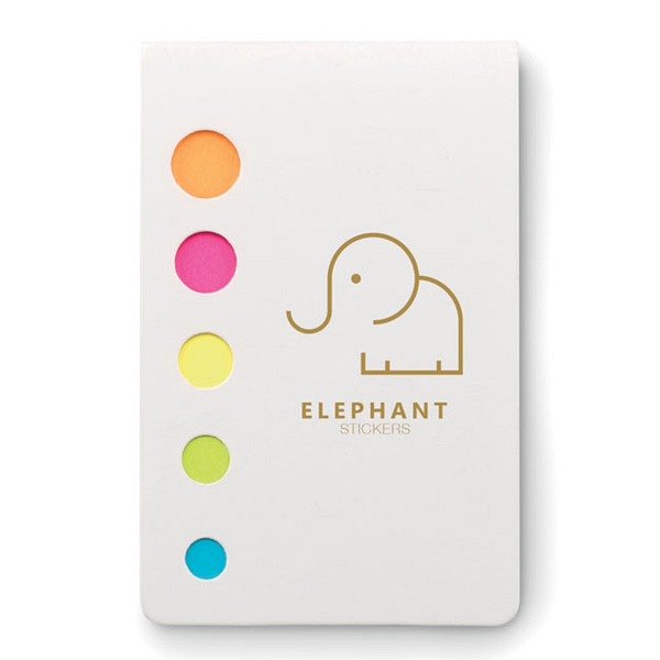 Sticky notes with logo MEMOSTICKY 5 Assorted sticky notes with logo colour page markers pad. Depending on the surface we can use embroidery, engraving, 360° imprint or screen print.