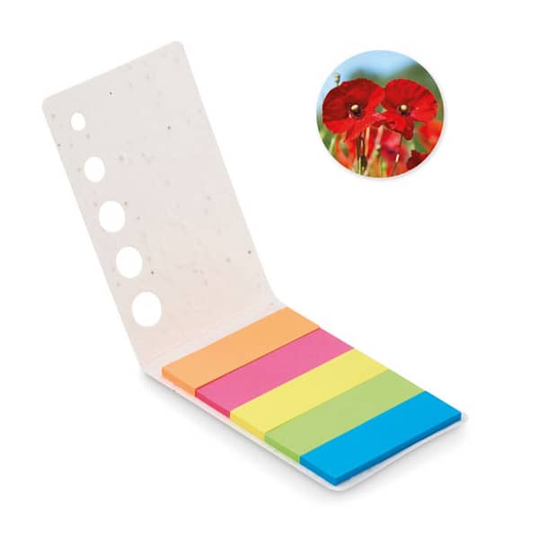 Page markers with logo MEMO SEED Sticky page markers with logo in 5 assorted colors and soft seed paper cover. After recording your thoughts on the last sheet, plant the cover and watch it grow into a beautiful field of red popies. Depending on the surface we can use embroidery, engraving, 360° imprint or screen print.