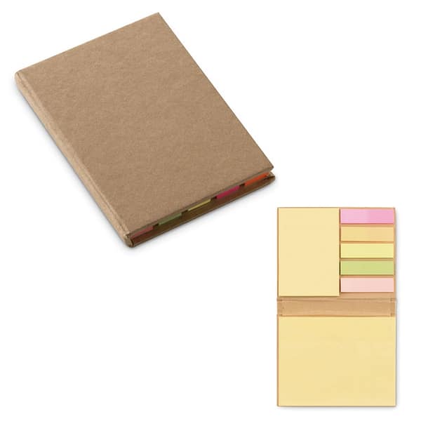 Sticky notes with logo RECYCLO 3 piece sticky notes with logo and recycled carton cover. Large and medium yellow sticky notes pads and 5 assorted colors page markers. Depending on the surface we can use embroidery, engraving, 360° imprint or screen print.