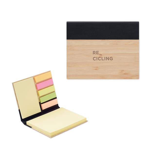 Sticky notes with logo VISIONBAM 3 Piece memo sticky notes with logo with bamboo hard cover. Large and medium yellow sticky notes pads and 5 assorted colors page markers. Depending on the surface we can use embroidery, engraving, 360° imprint or screen print.