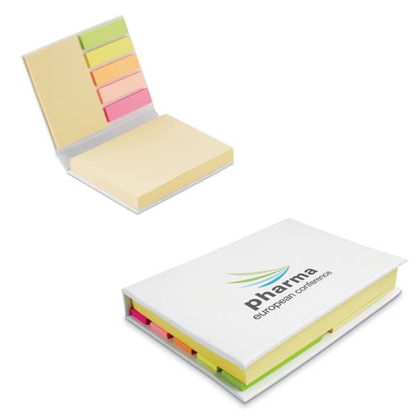 Sticky notes with logo VISIONMAX Sticky notes with logo 3 piece sticky note memo pad. Large and medium yellow sticky notes pads and 5 assorted colors page markers. Depending on the surface we can use embroidery, engraving, 360° imprint or screen print.