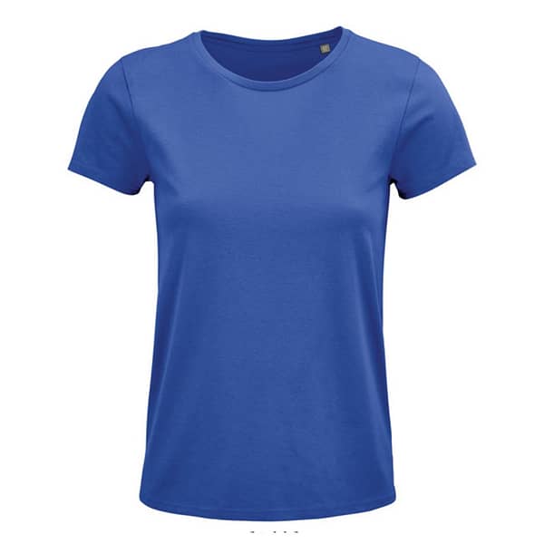 T-shirt with logo Crusader women Women's t-shirt with logo in organic cotton. With natural finish for a softer and more comfortable feel, ribbed cotton collar, taped neck seam, fitted cut with sewn side seam. No-Label. Quality:150g/m², single jersey 150, 100% organically grown cotton. OEKO-TEX. T-shirt only sold with print Depending on the surface we can use embroidery, engraving, 360° imprint or screen print.