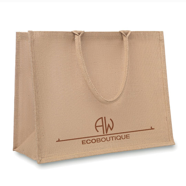 Tote bag with logo BRICK LANE Tote bag with logo in jute laminated. Shopping with cotton padded and short handles. Depending on the surface we can use embroidery, engraving, 360° imprint or screen print.